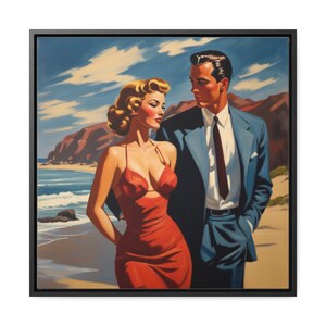 May include: A painting of a couple standing on a beach. The woman is wearing a red dress and the man is wearing a blue suit. The background is a blue sky with white clouds.