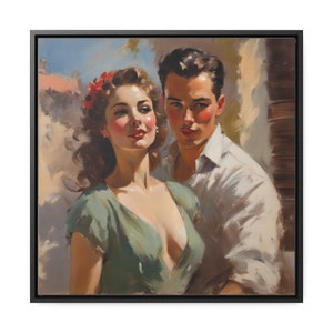 May include: A painting of a couple, a woman with red flowers in her hair and a man with a white shirt, standing close together. The woman is wearing a green dress and the man is wearing a white shirt. The painting is done in a realistic style and has a warm, romantic feel.