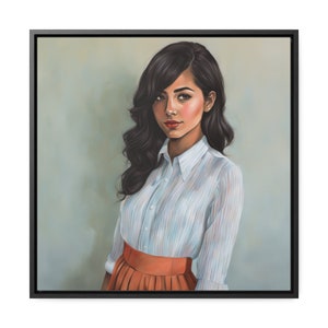 May include: A painting of a woman with long dark hair wearing a white striped shirt and a coral skirt. She is looking directly at the viewer.