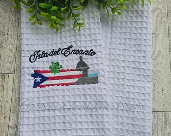 Embroidered Puerto Rico Kitchen Towel: Isla Del Encanto Waffle Weave