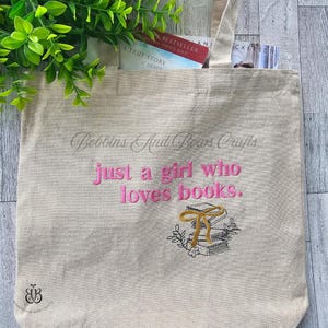 Machine Embroidered Bookish Tote Bag, Just a Girl who Loves Books Embroidered Canvas Tote Bag, Book Lovers Gifts Idea, Totes