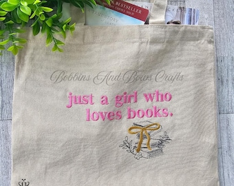 Just a Girl who Loves Book Embroidered Tote Bag, Book Lover Gift