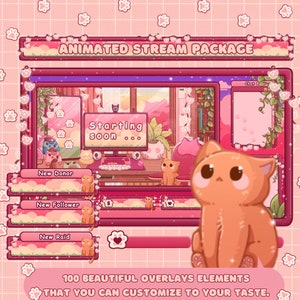 Animated Twitch Overlay Pink Cozy Cat Stream Overlay, Cottagecore Overlay Red Stream Package Twitch Panels Stream Lofi youtube overlay set