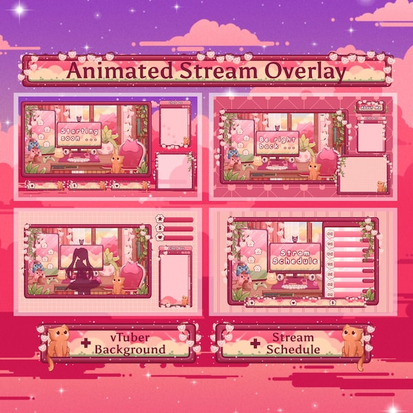 Animiertes Stream-Overlay: gemütliches Overlay, Katzen-Stream-Paket, Cottagecore-Overlay-Stream-Paket, Lofi Twitch, Stream-Panels, Vtuber-Overlay