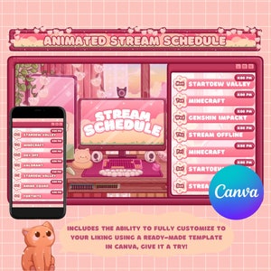 Programa de transmisión: plantilla de programa de Twitch de Cozy Cat, programa de Vtuber rosa, programa de Twitch animado rojo, programa de transmisión animado rosa