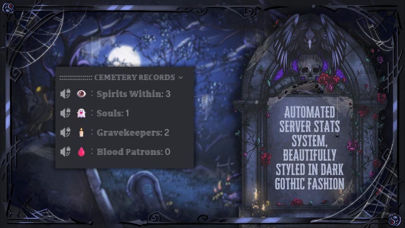 May include: A dark gothic-themed graphic with a cemetery background. The image features text that reads "AUTOMATED SERVER STATS SYSTEM, BEAUTIFULLY STYLED IN DARK GOTHIC FASHION." A panel displays "CEMETERY RECORDS" with stats for Spirits, Souls, Gravekeepers, and Blood Patrons.