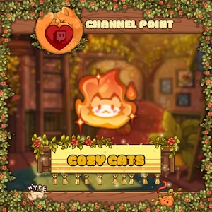 Könnte beinhalten: Eine digitale Illustration einer Cartoon-Katze in Flammen, mit dem Text "COZY CATS" auf einem Holzschild. Das Bild hat eine warme Farbpalette und ist mit floralen Elementen und den Worten "CHANNEL POINT" umrahmt.