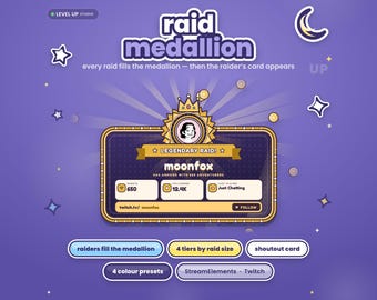 Könnte beinhalten: Ein digitales Grafik-Overlay mit dem Titel raid medallion, das ein zentrales rechteckiges Feld mit Kronensymbol, dem Text LEGENDARY RAID, moonfox sowie Statistiken zu Raids, Followern und Kategorie zeigt. Enthält Sterne, Mond und Schaltflächen.