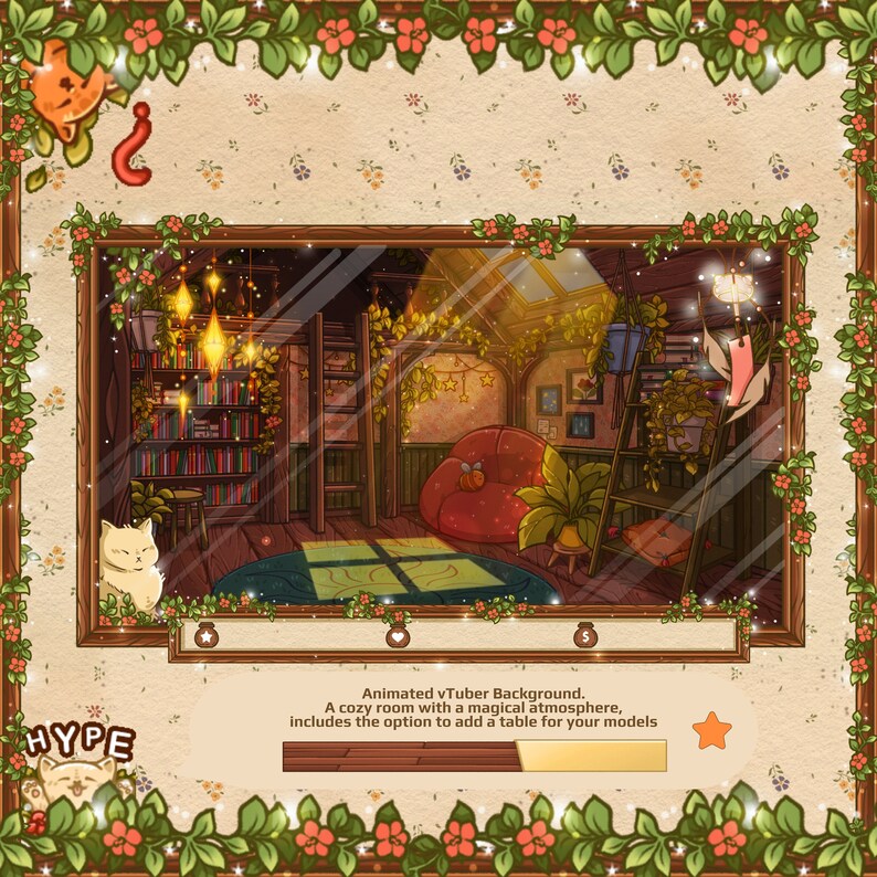 Puede incluir: Fondo animado de vTuber con una habitaci&oacute;n acogedora con un ambiente m&aacute;gico. La habitaci&oacute;n tiene una estanter&iacute;a, un sill&oacute;n rojo, una escalera y una mesa con una planta en maceta. La habitaci&oacute;n est&aacute; decorada con luces de hadas y estrellas. El fondo incluye la opci&oacute;n de agregar una mesa para tus modelos.