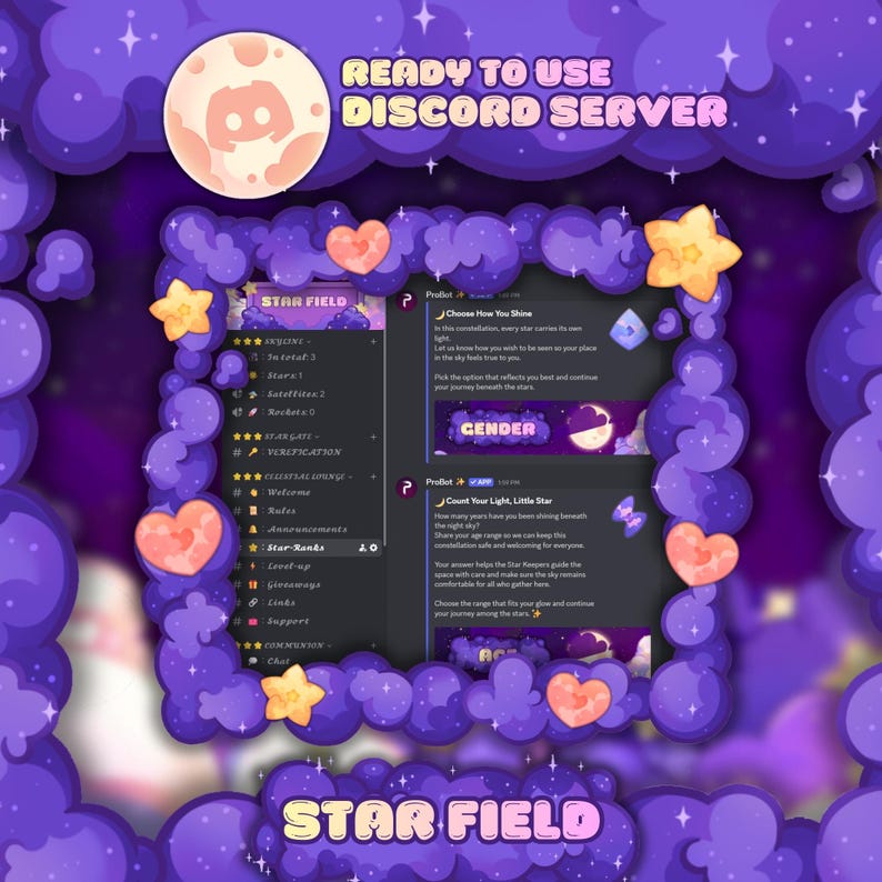 Op de afbeelding: Een paars en roze Discord server ontwerp met een sterrenthema. Het ontwerp bevat een maan, sterren, harten en wolkenachtige randen. Tekst luidt "READY TO USE DISCORD SERVER" en "STAR FIELD".