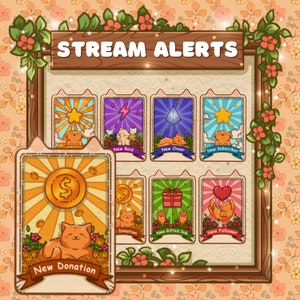 TwitchAlerts Cat Niedliche animierte Stream Alarme, Cozy Cat Alarm Pack, Tarotkarten, neue Spende, neuer Anhänger, neuer Raid, Twitch Alarme Set
