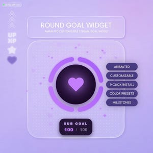 May include: A digital round goal widget interface in shades of purple featuring a central heart icon, a circular progress bar, and a sub goal counter displaying 100 / 100. The layout includes text labels for animated, customizable, 1-click install, color presets, and milestones.