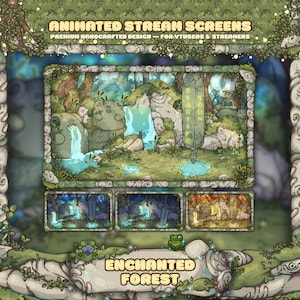 May include: Animated stream screens with an enchanted forest theme. The design features a detailed illustration of a forest scene with waterfalls, stone structures, and the text "Starting Soon". Additional screens are displayed below.