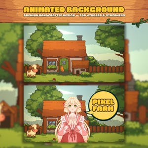 Puede incluir: Diseño de fondo animado para VTubers y streamers. La imagen presenta una escena de granja en pixel art con una casa, una vaca y árboles. El texto "Pixel Farm" está en una burbuja. La parte superior de la imagen tiene el texto "Animated Background".