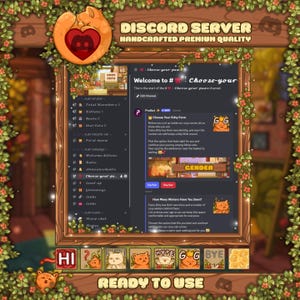 May include: A digital Discord server interface with a cat theme. The design features a wooden frame with floral accents, a heart-shaped logo, and various chat channels. Text includes "Discord Server" and "Ready to Use."