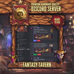 May include: A digital fantasy-themed Discord server interface with the text "Premium Handmade Quality Discord Server." The interface includes a banner with a Discord logo, server stats, and a "Ready to Use" graphic. The theme is a fantasy tavern.