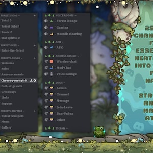 May include: A digital interface with a forest theme, featuring stylized channels and categories. Text on the right side reads "25+ Stylized Channels Crafted for Every Essential Need". The interface is framed by a whimsical forest border.