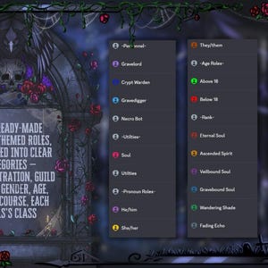 May include: A gothic-themed graphic with a dark, ornate frame featuring roses and a spiderweb. The image displays a list of ready-made roles, organized into categories such as administration, guild, ranks, gender, age, and class.