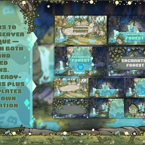 May include: A digital art display featuring ten banners with an "Enchanted Forest" theme. The banners are available in static and animated versions, with ready-made designs and blank templates for customization. The text reads: "10 Banners to make your server truly unique."