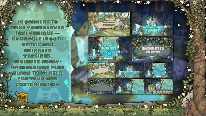 May include: A digital art display featuring ten banners with an "Enchanted Forest" theme. The banners are available in static and animated versions, with ready-made designs and blank templates for customization. The text reads: "10 Banners to make your server truly unique."