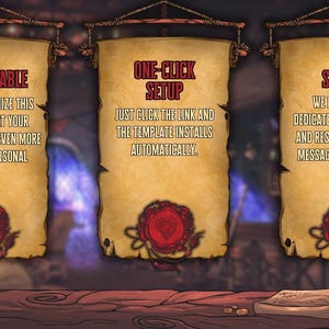 Peut inclure: Trois parchemins avec les textes "CUSTOMISABLE", "INSTALLATION EN UN CLIC" et "SUPPORT". Chaque parchemin a un sceau de cire rouge. Une chope en bois et une plume avec de l'encre sont sur une table en bois dans une pi&egrave;ce sombre.