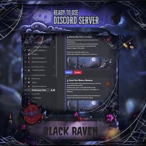 May include: A dark-themed Discord server interface with the text "READY TO USE DISCORD SERVER" at the top. The design includes a raven, spiderwebs, and the words "BLACK RAVEN" at the bottom. The interface has various sections and options.