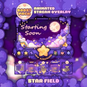 May include: Animated stream overlay with a purple and pink starry night theme. The design includes a moon, stars, and clouds, with text that reads "Starting Soon" and "Star Field". Additional elements include a "Boost Pack" badge and various interactive icons.