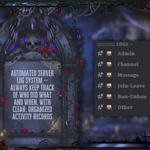 May include: A digital graphic with a gothic theme. It features a stone archway with text: "AUTOMATED SERVER LOG SYSTEM - ALWAYS KEEP TRACK OF WHO DID WHAT AND WHEN, WITH CLEAR, ORGANIZED ACTIVITY RECORDS." A panel displays log categories.