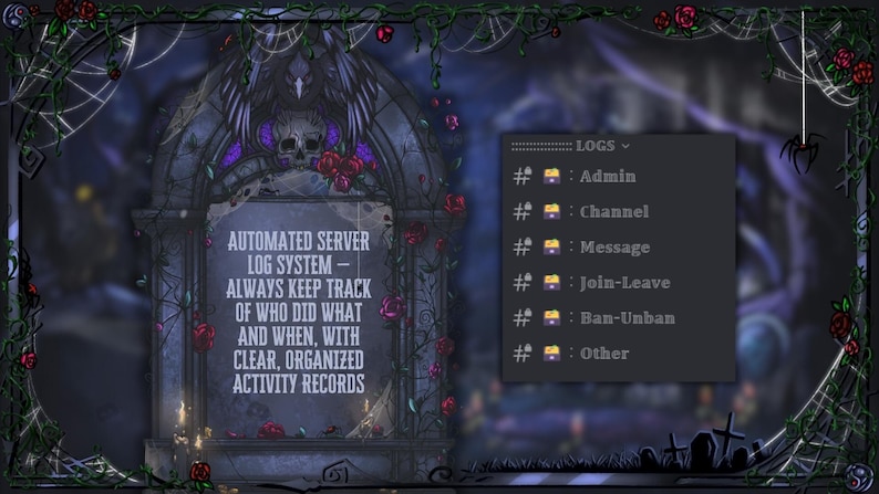 May include: A digital graphic with a gothic theme. It features a stone archway with text: "AUTOMATED SERVER LOG SYSTEM - ALWAYS KEEP TRACK OF WHO DID WHAT AND WHEN, WITH CLEAR, ORGANIZED ACTIVITY RECORDS." A panel displays log categories.