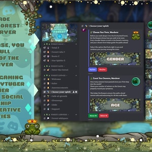 May include: A digital interface for an "Enchanted Forest" Discord server, with options for gender and age selection. The interface is framed by a whimsical forest design, with text that reads "Ready-Made Enchanted Forest Discord Server."