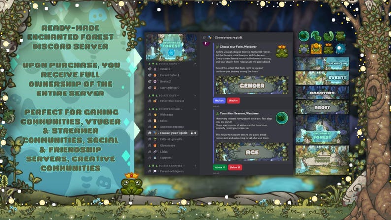 May include: A digital interface for an "Enchanted Forest" Discord server, with options for gender and age selection. The interface is framed by a whimsical forest design, with text that reads "Ready-Made Enchanted Forest Discord Server."