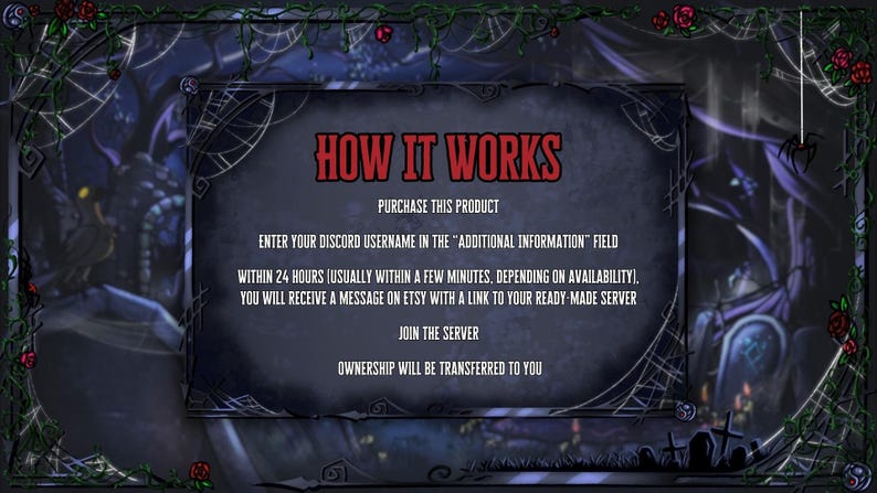 May include: A dark, gothic-themed graphic with the text "HOW IT WORKS" in red. The image details instructions for purchasing a product, including entering a Discord username and receiving a server link on Etsy. The background features spiderwebs and roses.