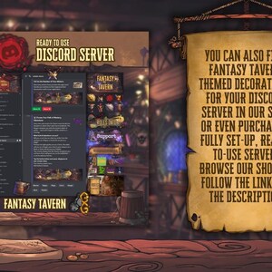 Peut inclure: Publicit&eacute; pour un serveur Discord sur le th&egrave;me de la taverne fantastique. L'image pr&eacute;sente un affichage num&eacute;rique de l'interface du serveur, un parchemin avec du texte et une chope. Le texte sur le parchemin dit : "Vous pouvez &eacute;galement trouver des d&eacute;corations sur le th&egrave;me de la taverne fantastique."