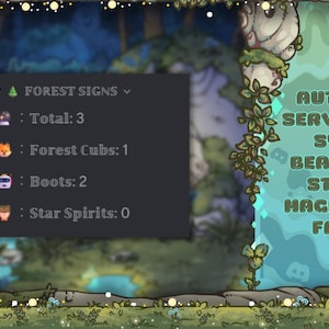 May include: A digital graphic with a forest theme. The image includes text that reads "Automated Server Stats System, Beautifully Styled in Magic Forest Fashion." A dark box displays "Forest Signs" and counts for various icons.