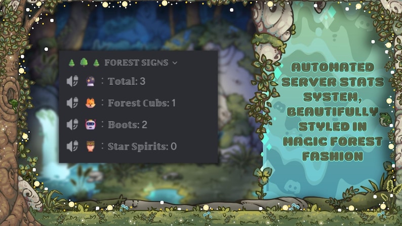May include: A digital graphic with a forest theme. The image includes text that reads "Automated Server Stats System, Beautifully Styled in Magic Forest Fashion." A dark box displays "Forest Signs" and counts for various icons.