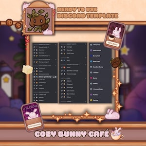 Könnte beinhalten: Eine digitale Discord-Vorlage mit einem gemütlichen Bunny-Café-Thema. Das Design zeigt eine gerahmte Oberfläche mit verschiedenen Abschnitten, darunter Willkommenskarten, Serverkategorien und Icons zum Thema Bunny. Die Farbpalette umfasst Braun-, Rosa- und Lilatöne.