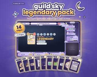 Könnte beinhalten: Ein digitales Overlay-Paket mit dem Titel guild sky legendary pack in einem violetten Design mit 14 Widgets und 4 Stingern. Die Anzeige enthält eine Hauptoberfläche mit Chat-Boxen, einem Kamerarahmen und verschiedenen Karten mit der Beschriftung check-in, raid, info, scratch, cam, counter, slime, riddles, spin und subathon.