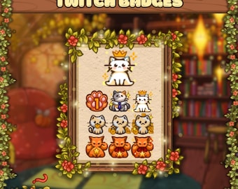 Puede incluir: Una colección enmarcada de insignias de Twitch con gatos de dibujos animados. Las insignias incluyen varios diseños de gatos con coronas, chupetes y bolsas de monedas. El texto "TWITCH BADGES" y "COZY CATS" se muestra arriba y abajo de las insignias.