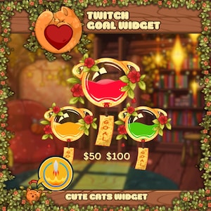Könnte beinhalten: Ein digitales Grafikdesign für ein Twitch-Ziel-Widget mit Katzenmotiven. Das Widget enthält drei farbige, mit Flüssigkeit gefüllte Behälter, die jeweils mit Blumen verziert sind. Der Text enthält "Twitch Goal Widget" und "Cute Cats Widget."