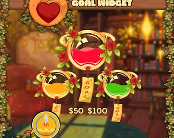 May include: A digital graphic for a Twitch goal widget, featuring cat-themed designs. The widget includes three colorful liquid-filled containers, each adorned with flowers. Text includes "Twitch Goal Widget" and "Cute Cats Widget."