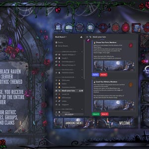 May include: A gothic-themed Discord server advertisement. The image features a dark, ornate design with a skull, roses, and text that reads "READY-MADE BLACK RAVEN DISCORD SERVER." It is designed for gothic communities, groups, guilds, and clans.