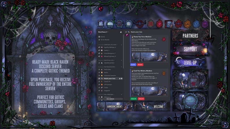 May include: A gothic-themed Discord server advertisement. The image features a dark, ornate design with a skull, roses, and text that reads "READY-MADE BLACK RAVEN DISCORD SERVER." It is designed for gothic communities, groups, guilds, and clans.