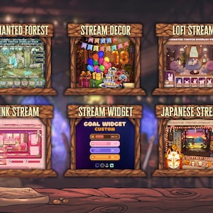 Peut inclure: Une pr&eacute;sentation d'art num&eacute;rique avec six packs de superposition Twitch encadr&eacute;s. Les packs incluent des th&egrave;mes tels que "Enchanted Forest", "Stream Decor", "Lofi Stream", "Pink Stream", "Stream Widget" et "Japanese Stream".