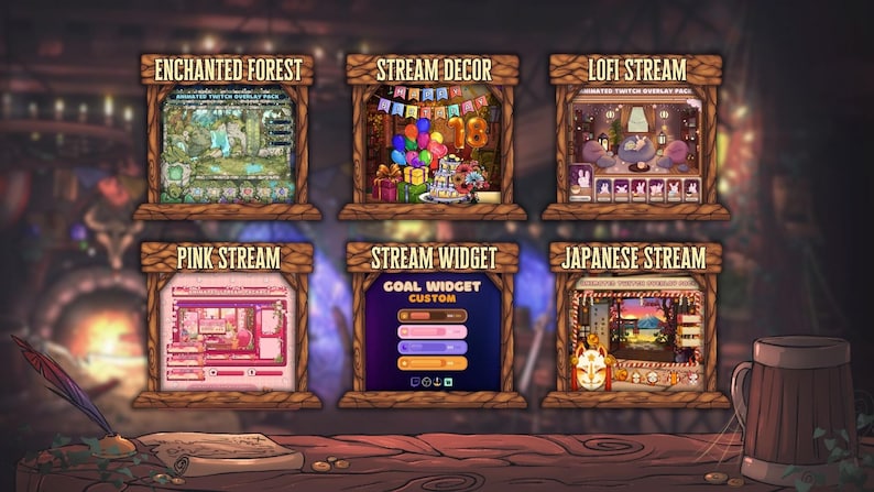 Peut inclure: Une pr&eacute;sentation d'art num&eacute;rique avec six packs de superposition Twitch encadr&eacute;s. Les packs incluent des th&egrave;mes tels que "Enchanted Forest", "Stream Decor", "Lofi Stream", "Pink Stream", "Stream Widget" et "Japanese Stream".