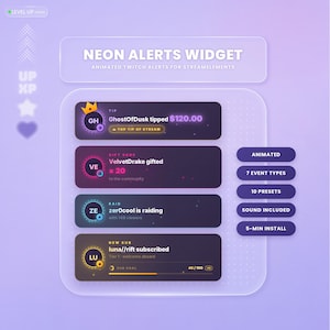May include: A digital neon alerts widget for StreamElements featuring four dark purple notification bars with glowing text and icons. The interface displays alerts for tips, gift subs, raids, and new subs, with additional buttons for animated features.