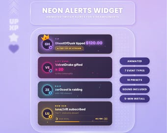 Twitch Alerts Widget | Animated StreamElements Overlay | 10 Color Presets | Instant Download