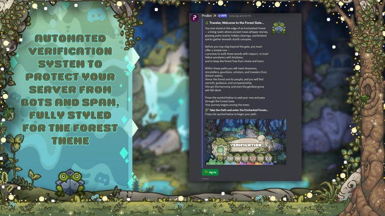 May include: A digital forest-themed interface with text reading "AUTOMATED VERIFICATION SYSTEM TO PROTECT YOUR SERVER FROM BOTS AND SPAM, FULLY STYLED FOR THE FOREST THEME." A cartoon frog and forest elements are visible.