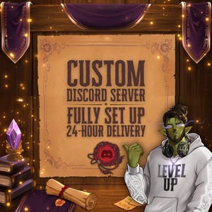 May include: A digital illustration featuring a parchment sign with the text CUSTOM DISCORD SERVER FULLY SET UP 24-HOUR DELIVERY. A green-skinned character in a white hoodie with LEVEL UP text stands beside a stack of books and a scroll.