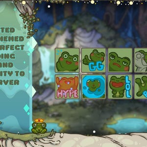 May include: An image featuring eight animated forest-themed emojis, each in a square frame. The emojis depict various frog expressions, with text like "GG", "HYPE", "LOL", and "BYE". The background has a forest theme with a frog character.