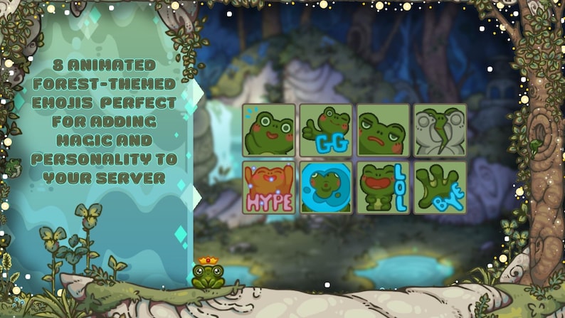 May include: An image featuring eight animated forest-themed emojis, each in a square frame. The emojis depict various frog expressions, with text like "GG", "HYPE", "LOL", and "BYE". The background has a forest theme with a frog character.